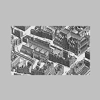 Église Saint-Sulpice (en haut et à droite) vers 1740 avec son fronton, et ses tours non terminées - Plan de Turgot.jpg